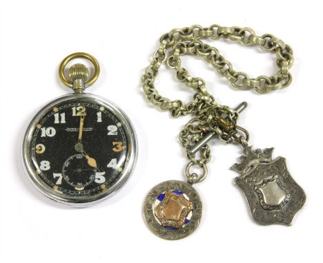 A Jaeger Le-Coultre WWII military pocket watch, arrow mark GSTP F012996, calibre 467/2, black dial, Arabic numerals, subsidia