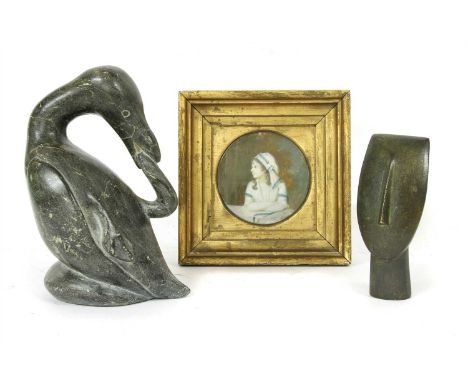 A miniature portrait of a young woman, 8cm diameter, together with a stone carving of a duck, signed semeonie to base and a s