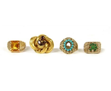 A collection of four rings, to include a rectangular step cut citrine, four claw set to shoulders with openwork diagonal patt