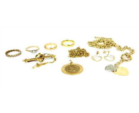 A quantity of gold jewellery, to include an 18ct gold court profile wedding ring, a single stone diamond ring with a brillian