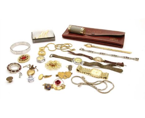 A mechanical Excalibur wristwatch, case hallmarked 9ct gold, Edinburgh 1963, a marcasite tablet ring, the silver head to shan