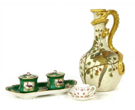 A late 19th century Royal Worcester Aesthetic jug, with lizard handle, 29cm high, a Coalport cabinet cup and saucer and a Boo