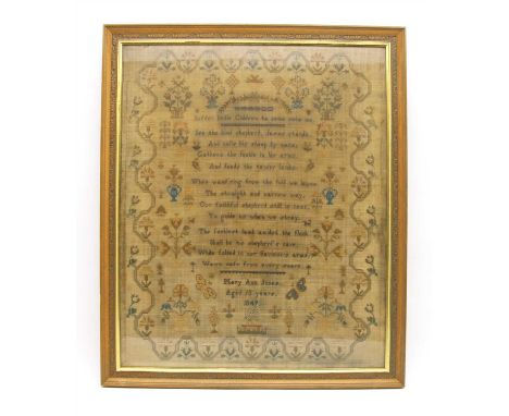 A Victorian needlework sampler, worked by May Anne Jones aged 10, dated 1849, with `Teaching of Jesus about little children',