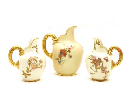 A pair of Royal Worcester blush ivory flat back jugs, 20th century, model no. 1094, with floral and gilt decoration, painted 