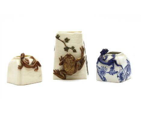 A late 19th Century Royal Worcester porcelain Aesthetic posy vase, with applied gilt frog and relief moulded trailing vine de
