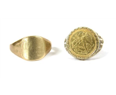 A 9ct gold signet ring, the cushion shaped head engraved 'MO' to a plain polished shank, London 1992, a 9ct gold ring, claw s