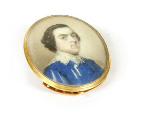 Penelope Carwardine (1730- 800), PORTRAIT OF A GENTLEMAN, BUST LENGTH, WEARING A BLUE COAT AND LACE COLLAR Miniature on ivory