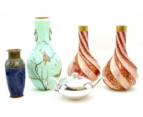 A mid 20th century WMF tea service, metal clad over white porcelain body, a Royal Doulton stone ware vase, a pair of Burslem 