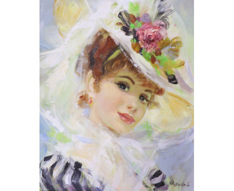 John Strevens (1902-1990), oil on board, Portrait of an Edwardian young lady wearing a floral hat, signed, 29 x 24cm29 x 24cm