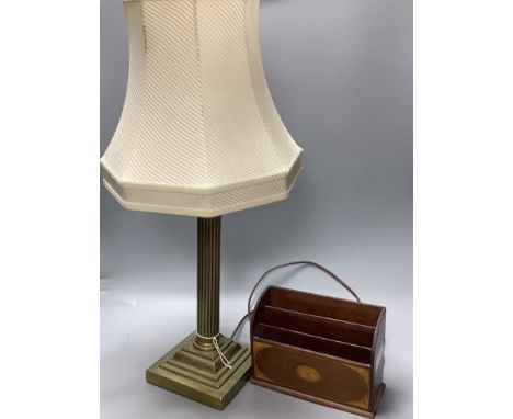 A brass corinthian table lamp and an Edwardian inlaid mahogany letter rack