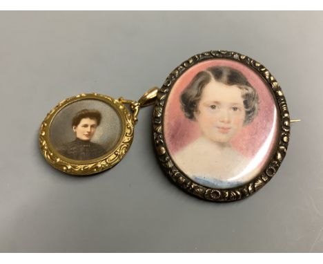 An 18ct mounted double sided miniature portrait pendant and one other gilt metal mounted similar oval brooch,largest 52mm, 18