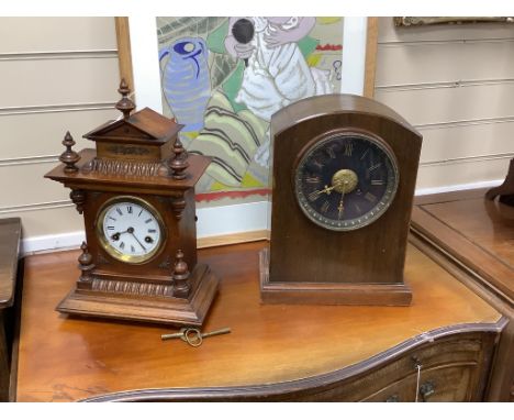 A French oak mantel clock and a German walnut mantel clock, tallest 40cm