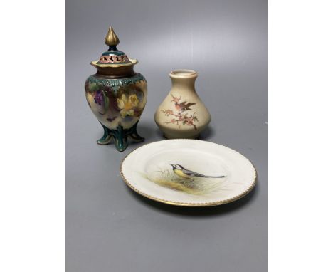 A Hadley's Worcester pot pourri vase, a Royal Worcester plate painted by Powell and Locke Worcester vase, tallest 13cm