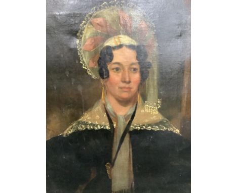 Gertrude Homan, oil on canvas, Portrait of a lady wearing an elaborate bonnet, 75 x 63cm