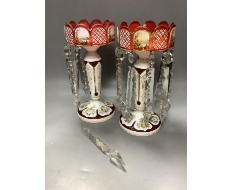 A pair of late 19th century Bohemian ruby and White overlaid glass table lustres32cm 