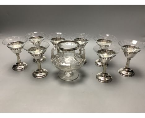 A set of eight Birks sterling mounted glass coupes, height 10.7 cm and a silver mounted two handle glass vase, height 11.9 cm