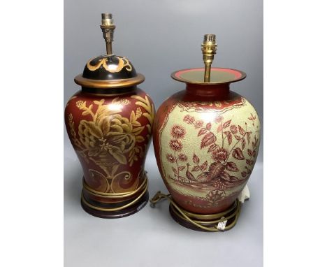 Two polychrome decorated chinoiserie lamp bases, overall height 47cm
