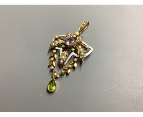 An Edwardian yellow metal stamped 15, amethyst, peridot seed pearl and white enamel set drop pendant, in the suffragette colo