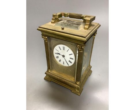 A large French gilt brass repeating carriage clock, signed EM and co.16cm 