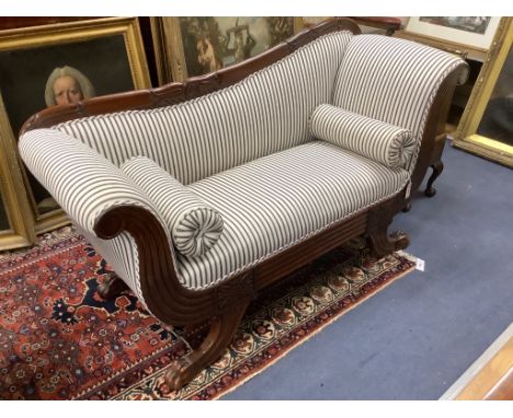 A William IV and later mahogany scroll arm settee, length 186cm, width 60cm, height 95cm