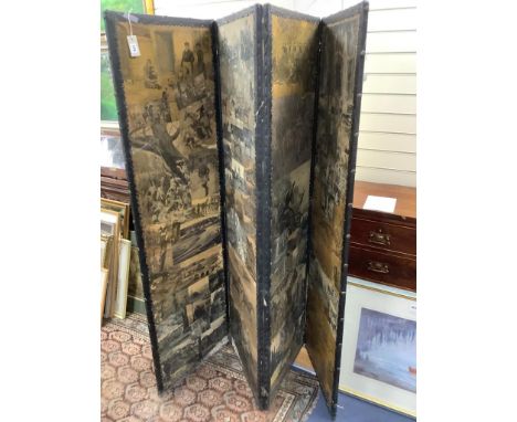 A Victorian and later four fold scrap screen, each panel width 53cm, height 178cm