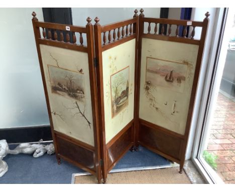 A late Victorian walnut three fold dressing screen with painted canvas panels, each panel width 50cm, height 138cm