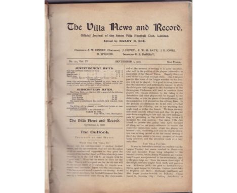 ASTON VILLA 1909-1910 BOUND VOLUME    Villa cloth bound volume, 1909-10 with gilt inscription on spine. No covers, 39 issues 