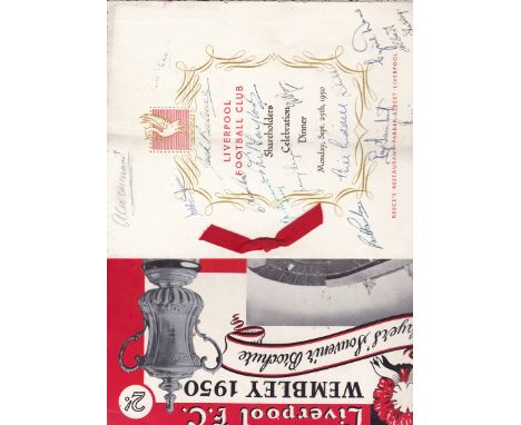 LIVERPOOL 1950     Autographed menu for Shareholders' Celebration Dinner at Reece's Restaurant 25 Sep 1950, relating to Liver