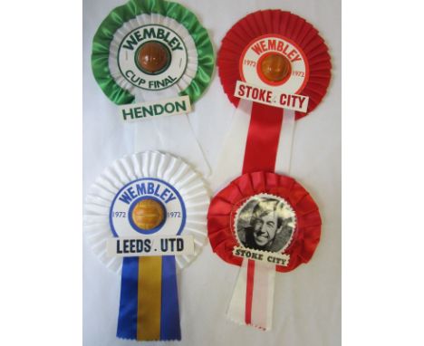 FOOTBALL ROSETTES      Four rosettes in excellent condition, 2 X Stoke City, both red and white, one with a photo of Gordon B