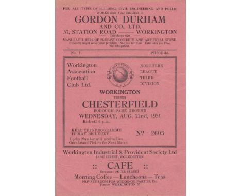 WORKINGTON FIRST GAME 1951    Official programme, Workington v Chesterfield, 22/8/1951, first Football League home programme 