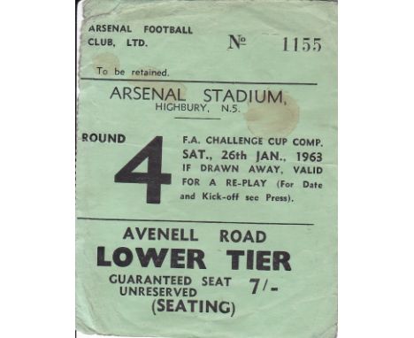 TICKET     Arsenal v Sheff Weds F.A Cup 4th round 12 Mar 1963, some creasing and staining.     Fair/Generally Good
