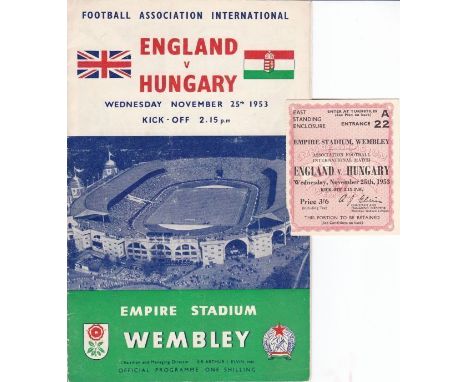 ENGLAND / HUNGARY   Programme and ticket from the famous 3-6 victory for the Hungarians at Wembley 25th Nov 1953. Back cover 
