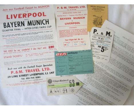 LIVERPOOL       Items relating to the away Fairs Cup Quarter Final v. Bayern Munich 23/3/1971, ticket, itinerary, I.D Card, i