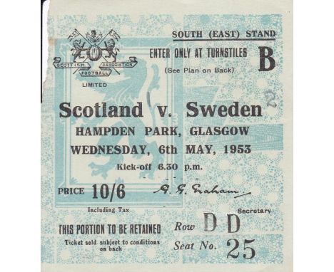 SCOTLAND V. SWEDEN 1953       Seat ticket with minor paper loss on the left hand side when torn off on entry.    Generally go