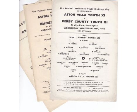 ASTON VILLA 59-60   Three Villa single card home issues, 59/60, Youth Cup games v Derby and v Manchester City plus Aston Vill