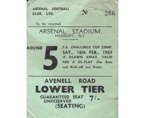 TICKET     Arsenal v Liverpool F.A Cup 5th round 16 Mar 1963, some creasing.     Fair/Generally Good
