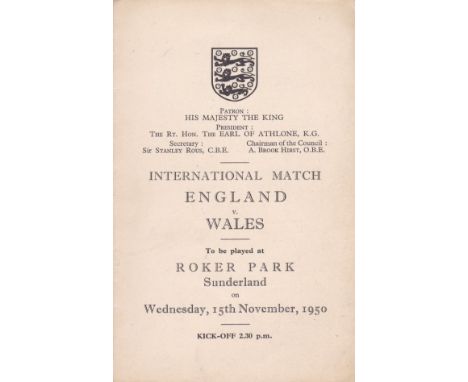 ENGLAND ITINERARY 1950    Official England Itinerary issued to the players, England v Wales, 15/11/1950 at Roker Park, Sunder