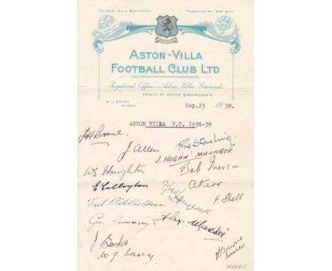 ASTON VILLA  1939   Sheet of Aston Villa original signed autographs on Villa letter-heading dated Sept 23rd 1938 . 16 signatu