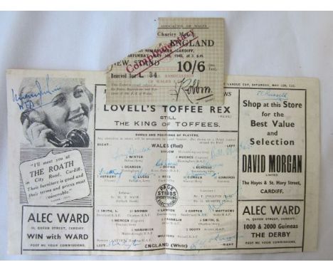WALES v ENGLAND 1945     War Charity International 5 May 1945 played at Ninian Park, programme and ticket.  The ticket has le