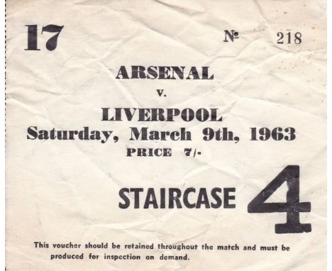 AT HIGHBURY / TICKET     Arsenal v Liverpool 9 Mar 1963, some creasing.     Fair/Generally Good