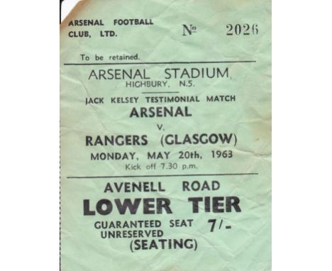 AT HIGHBURY / TICKET     Arsenal v Glasgow Rangers, Jack Kelsey Testimonial, Monday 20 May 1963, some creasing and foxing.   