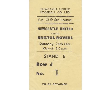 NEWCASTLE-BRISTOL ROVERS TICKET 1951    Newcastle ticket for FA Cup 6th Round v Bristol Rovers, Stand E seat. Newcastle won t