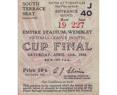 WAR CUP FINAL SOUTH TICKET 1944   Ticket for 1944 War Cup Final South at Wembley, Charlton defeated Chelsea 3-1. Slight creas