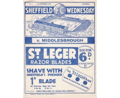 SHEF WED - MIDDLESBROUGH 1936   Wednesday home programme v Middlesbrough, 5/12/1936, light pencil score, changes etc. Not ex 