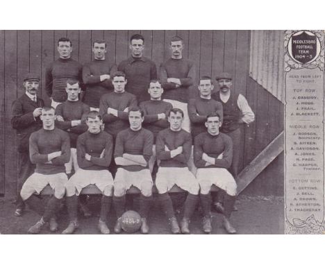 MIDDLESBRO POSTCARD     Team group picture of 13 players, Trainer and Secretary 1904-05, names listed to right hand side, rev