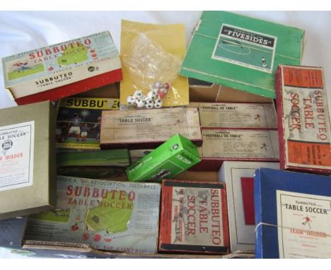 SUBBUTEO      A large box containing several boxes of early Table Soccer games and accessories including 2 boxes of 22 cellul