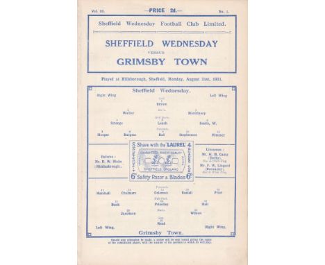 SHEF WED - GRIMSBY 1931   Wednesday home programme v Grimsby, 31/8/1931, Wednesday won 4-1 scoring 20 goals in their first fo