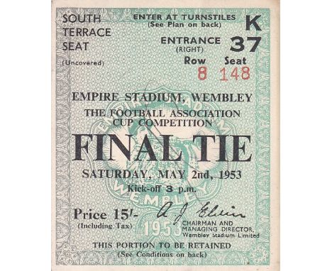 1953 CUP FINAL   Ticket for the Cup Final, 1953, Blackpool v Bolton, South Terrace Seat, slight fold.  Generally good