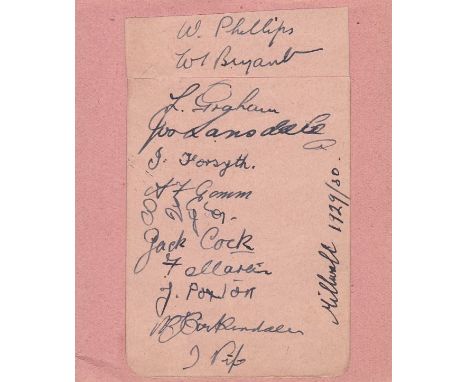MILLWALL AUTOGRAPHS     Page removed from autograph album, 12 ink signatures from 1929/30 including Phillips, Bryant, Forsyth