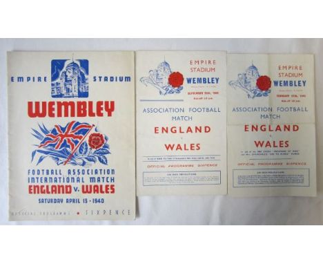 ENGLAND - WALES WARTIME   Three England home programmes v Wales, all at Wembley, 13/4/1940 (16 pages, first visit of Wales to